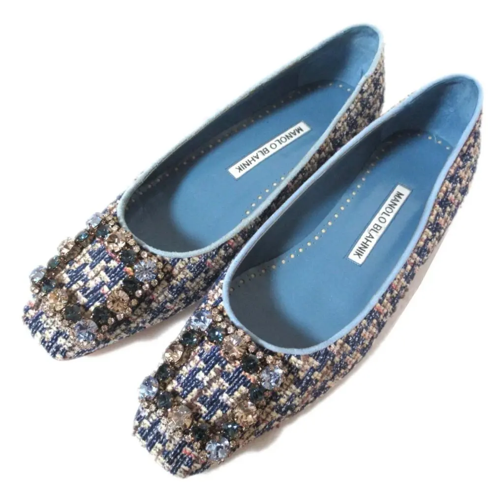 MANOLO BLAHNIK マノロブラニク ハンギシ ビジューモチーフ ツイード スクエアトゥ フラット パンプス 36 23cm相当 ブルー系