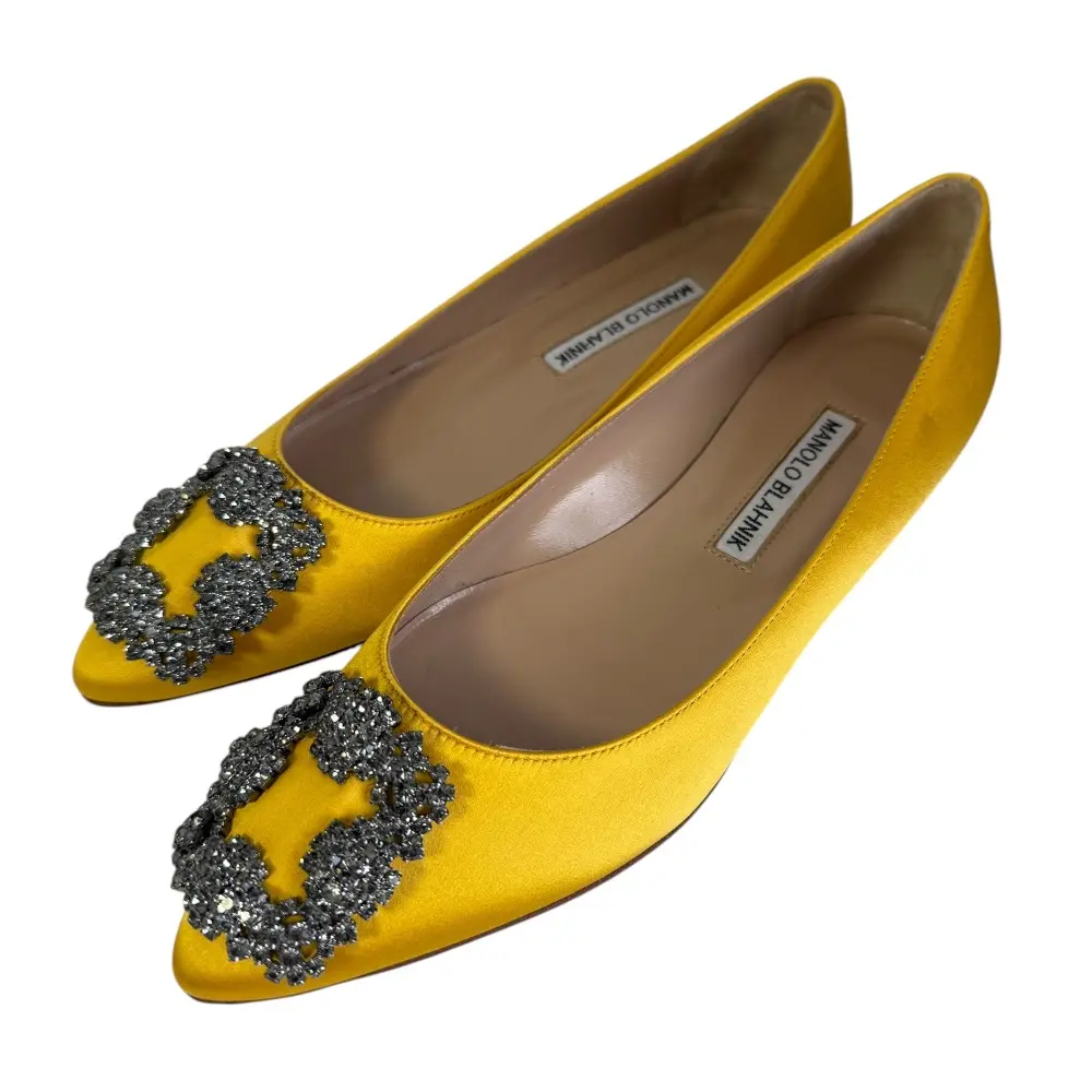 MANOLO BLAHNIK マノロブラニク ハンギシ サテン ポインテッドトゥ パンプス フラットシューズ 36 23cm相当 イエロー
