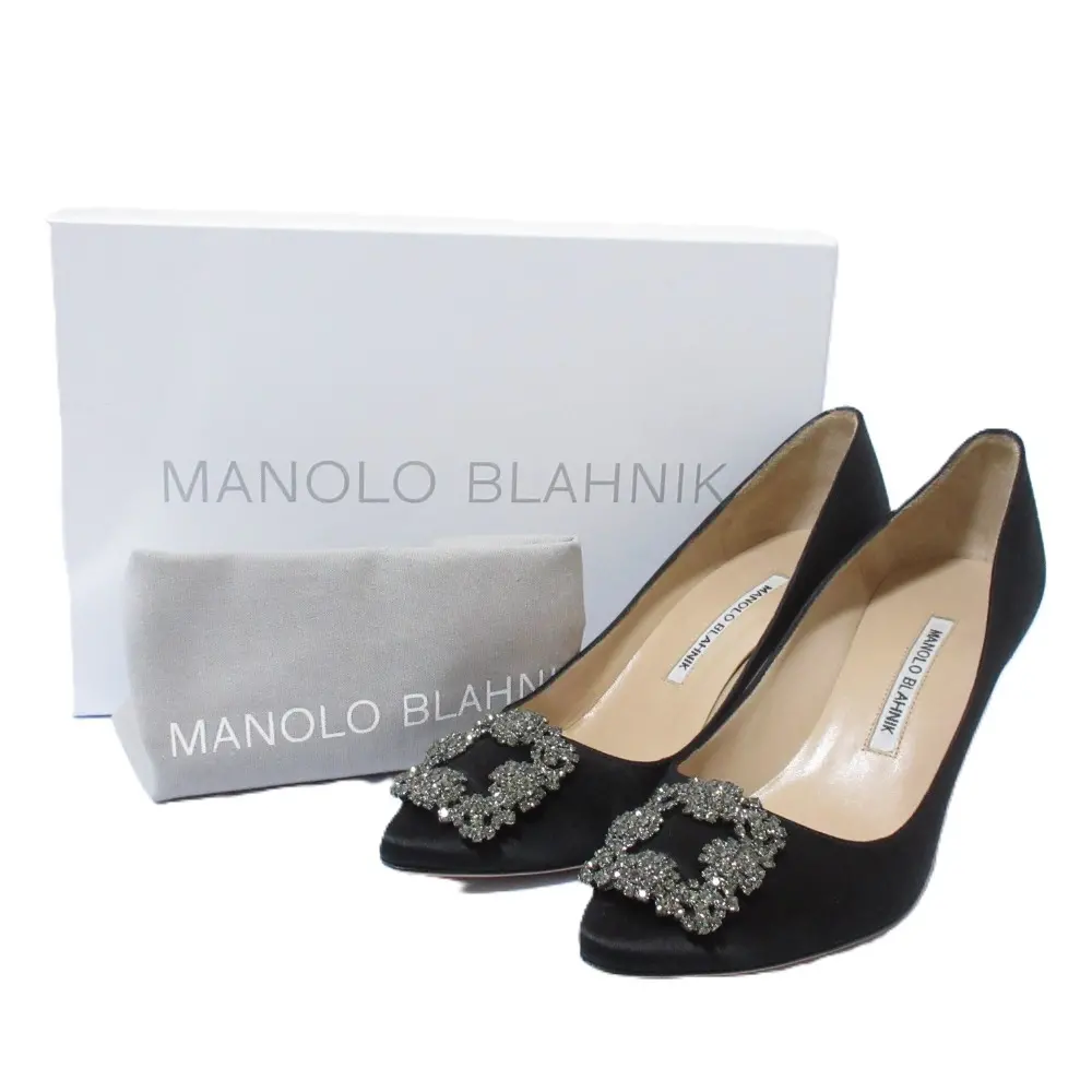 MANOLO BLAHNIK マノロブラニク ハンギシ サテン ビジュー ポインテッドトゥ パンプス サイズ37 1/2 約24.5cm ブラック
