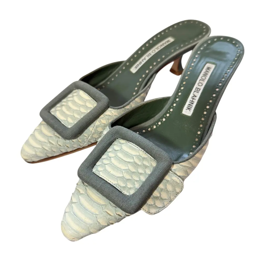 MANOLO BLAHNIK マノロブラニク メイセール ローヒール ポインテッドトゥ サンダル ミュール 35 22cm相当 グリーン系