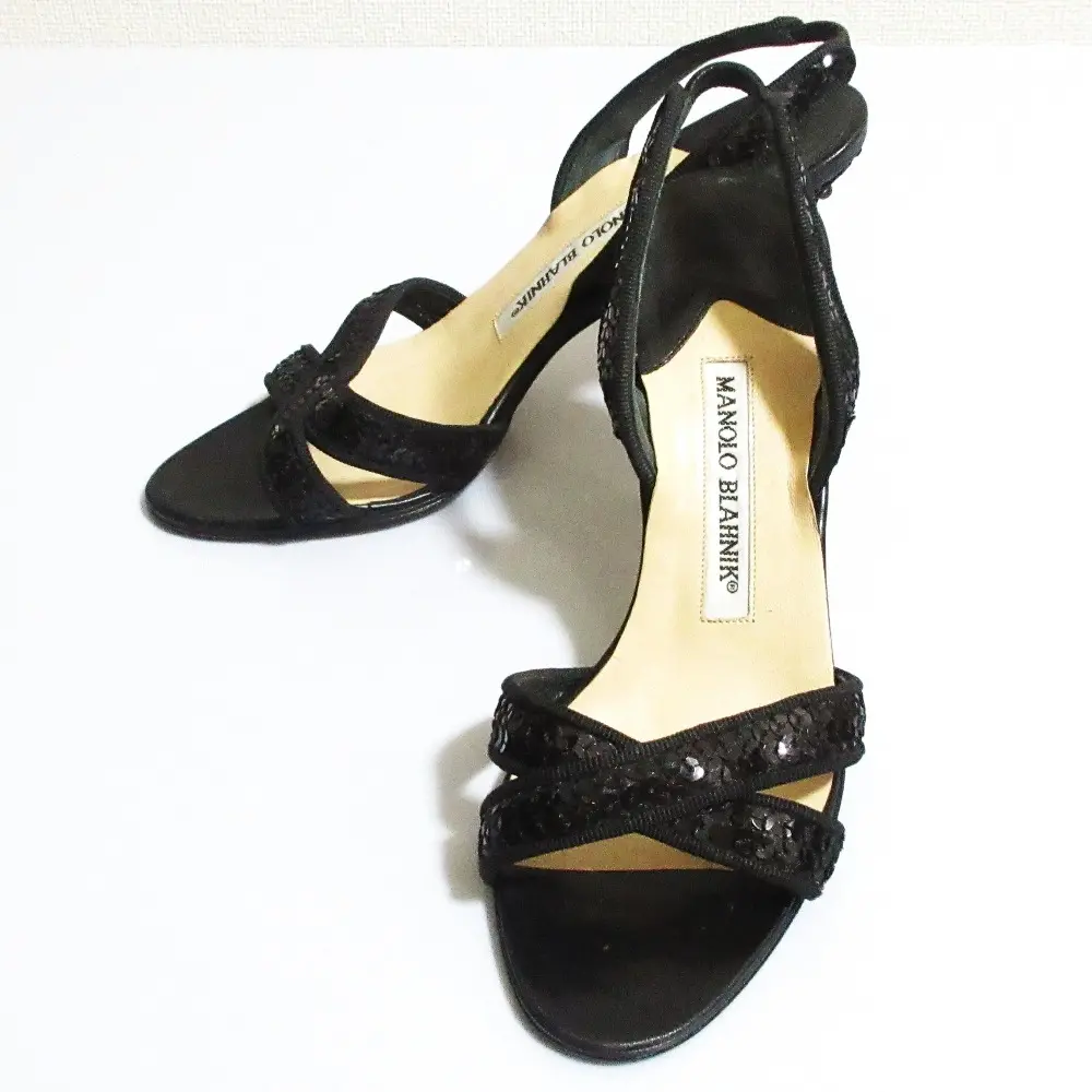 Manolo Blahnik マノロブラニク スパンコール ピンヒール バックスリング サンダル サイズ35.5 約22.5cm ブラック