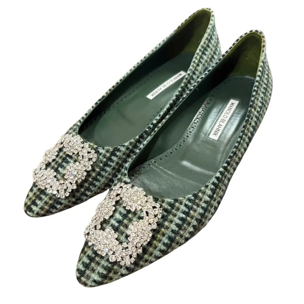 MANOLO BLAHNIK マノロブラニク ハンギシ ツイード フラット パンプス 39 1/2 26.5cm グリーン系