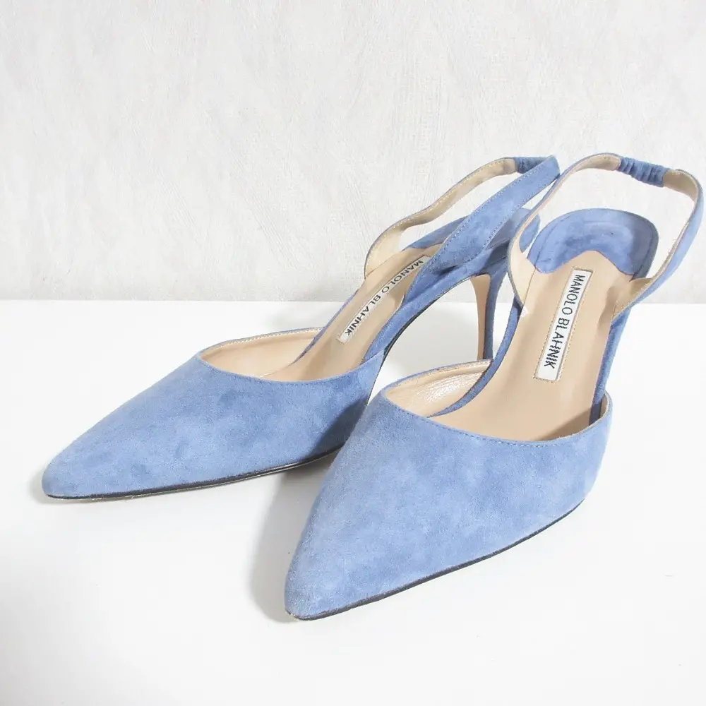MANOLO BLAHNIK マノロブラニク CAROLYNE 70 スエード ポインテッドトゥ ミュール パンプス サンダル 38 25cm ブルー