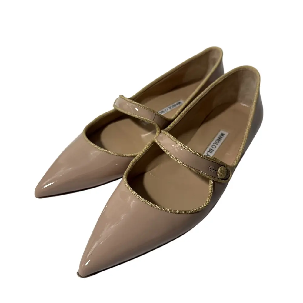 MANOLO BLAHNIK マノロブラニク パテントレザー ポインテッドトゥ メリージェーン フラットパンプス 35 22cm ベージュ