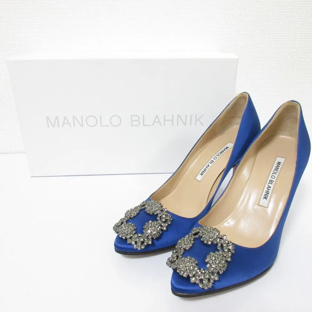 MANOLO BLAHNIK マノロブラニク ハンギシ サテン スクエア ビジューバックル パンプス サイズ34 約21cm ブルー