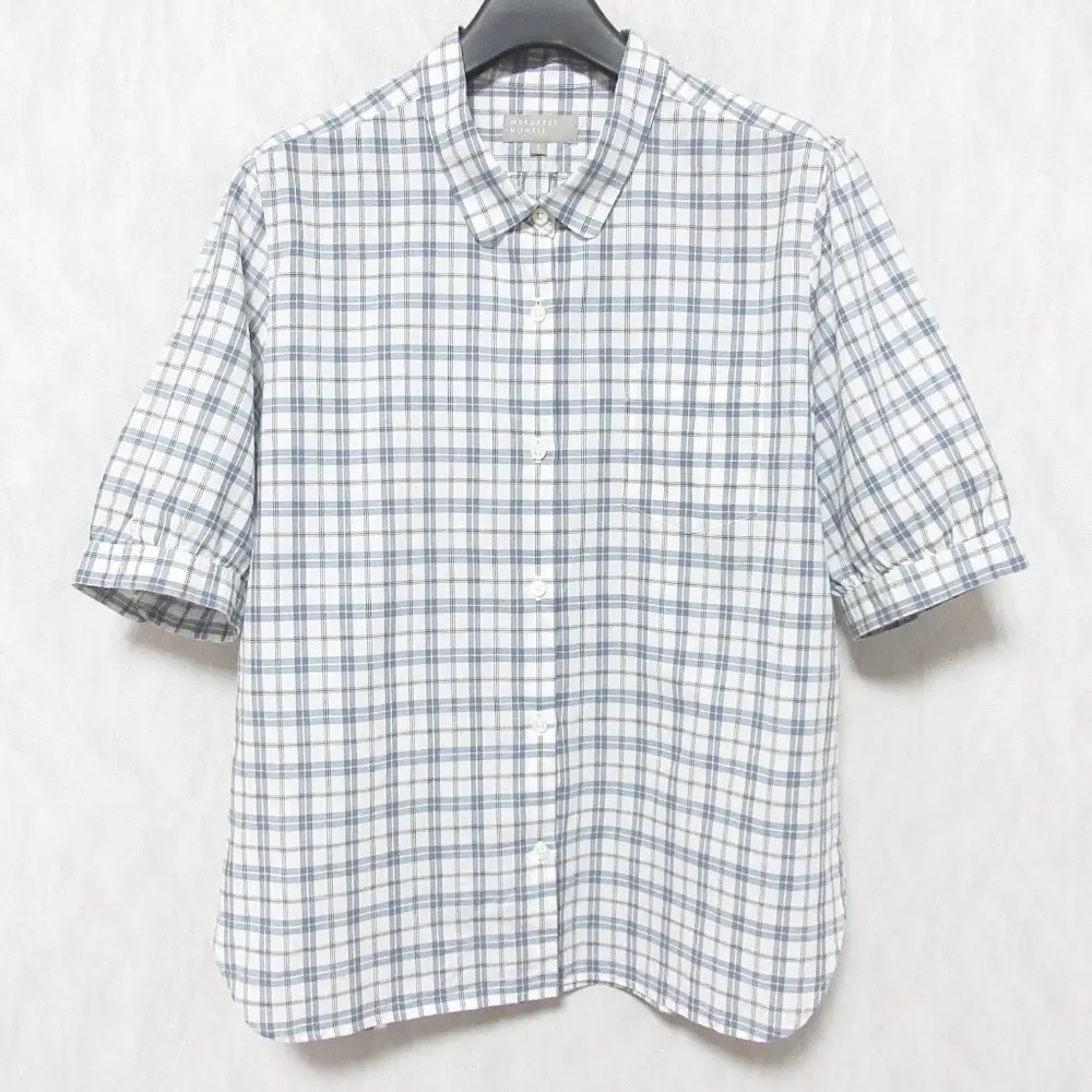 MARGARET HOWELL マーガレットハウエル チェック柄 コットンリネン パフスリーブ 半袖 シャツ ブラウス 2 グレー×ホワイト