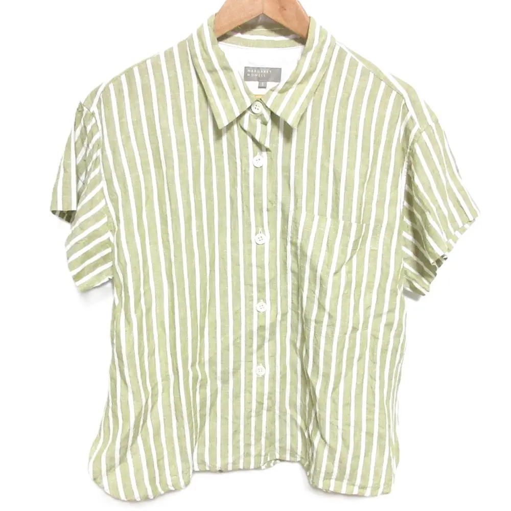 22SS MHL MARGARET HOWELL マーガレットハウエル ストライプ柄 リネン100％ 半袖 シャツ ブラウス 2 カーキ ホワイト