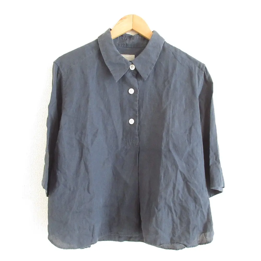 MARGARET HOWELL マーガレットハウエル リネン100％ ハーフスリーブ プルオーバーシャツ ブラウス 2 ネイビー