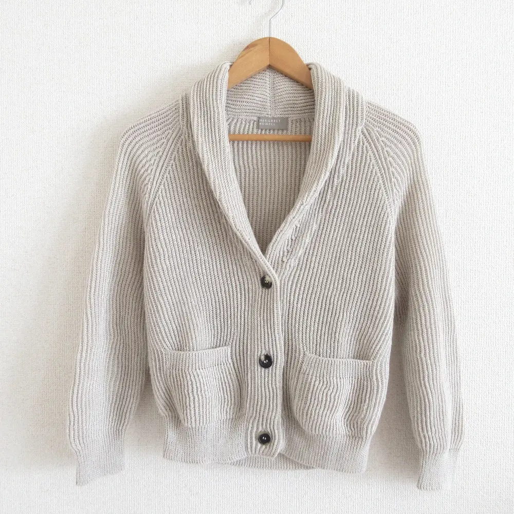 20SS MARGARET HOWELL マーガレットハウエル リネン100％ ショールカラー ニット カーディガン 2 ベージュ