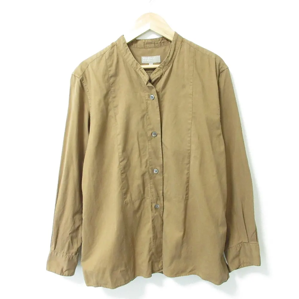 MARGARET HOWELL マーガレットハウエル コットンシルク 長袖 バンドカラーシャツ ブラウス 1 ブラウン