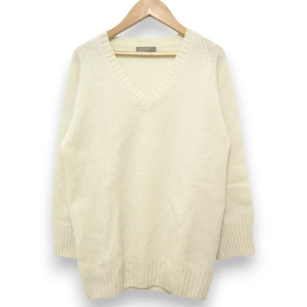 MARGARET HOWELL マーガレットハウエル ウール×カシミヤ Vネック 長袖 プルオーバー ニット セーター カットソー 2 オフホワイト