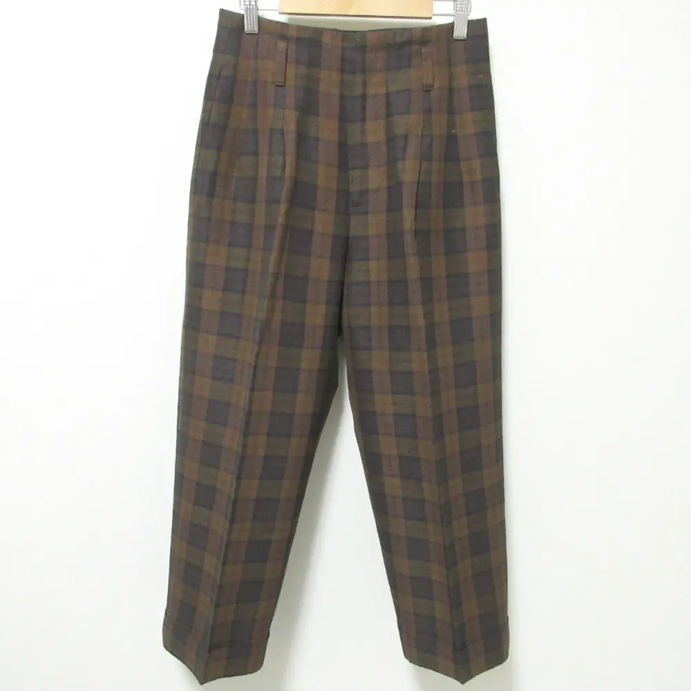 22SS MARGARET HOWELL マーガレットハウエル チェック柄 リネンブレンド スラックス テーパードパンツ 1 ブラウン