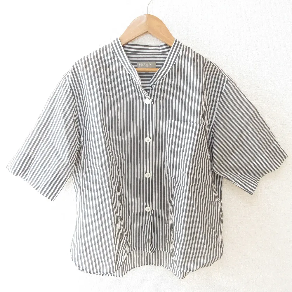 22SS MARGARET HOWELL マーガレットハウエル コットンシルク ストライプ バンドカラー 半袖 シャツ ブラウス 1 ダークグレー