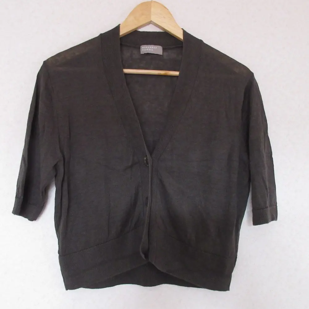 22SS MARGARET HOWELL マーガレットハウエル FINE LINEN リネン100％ ショートスリーブ Vネック カーディガン 2 グリーン