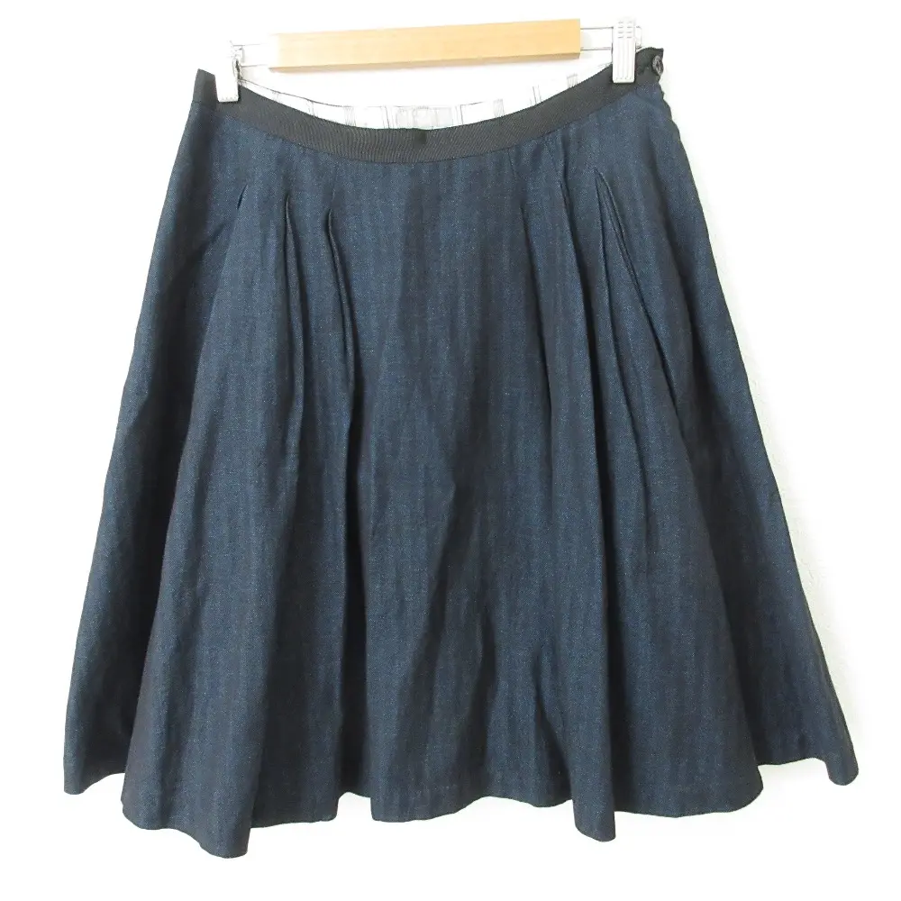 MARGARET HOWELL マーガレットハウエル ヘリンボーン ウールリネン ひざ丈 フレアスカート サイズ3 ネイビー