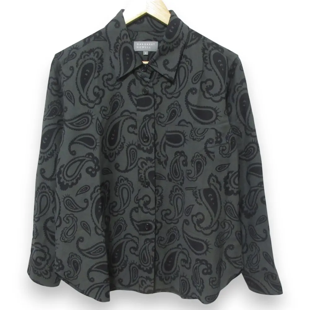 23AW MARGARET HOWELL マーガレットハウエル コットンシルク ペタルカラー ペイズリー総柄 長袖シャツ サイズ2 グリーン系