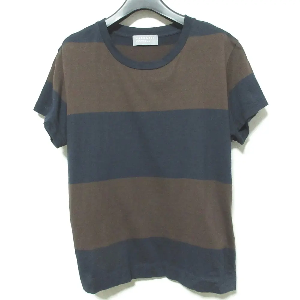 24SS MARGARET HOWELL マーガレットハウエル ワイドボーダー 半袖 Tシャツ カットソー 578-4168004 2 ネイビー×ブラウン