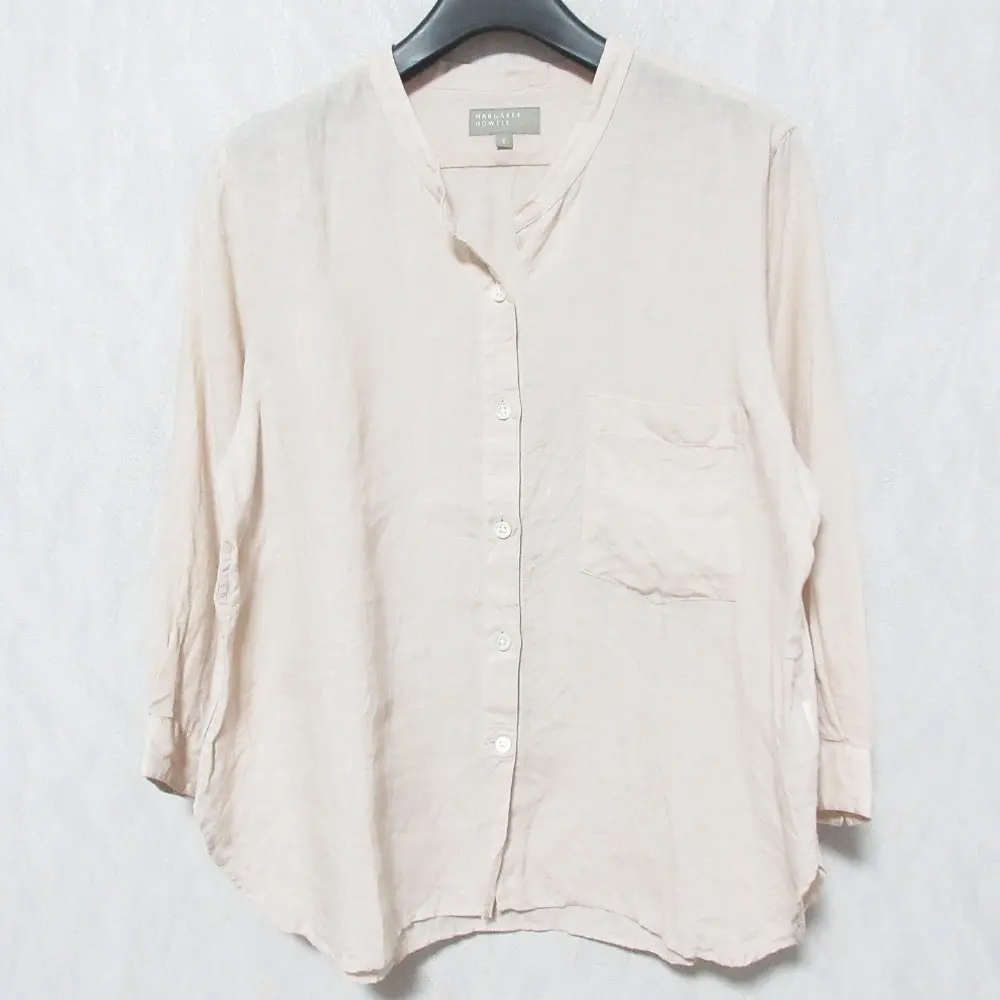 MARGARET HOWELL マーガレットハウエル バンドカラー七分袖リネンシャツ 578-1153019 サイズ2 ピンク