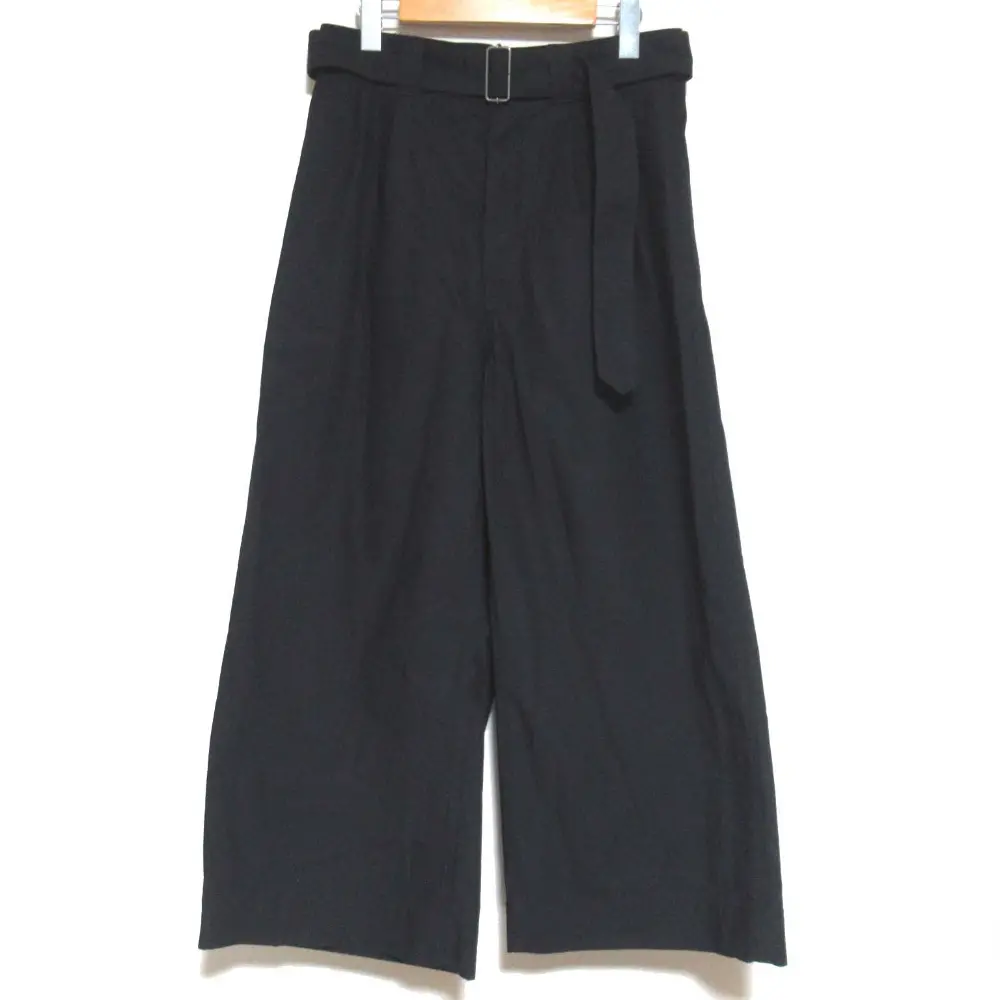 24SS MHL. マーガレットハウエル CRISP COTTON PLAINWEAVE ベルト付き ボタンフライ ワイドパンツ サイズ3 ブラック