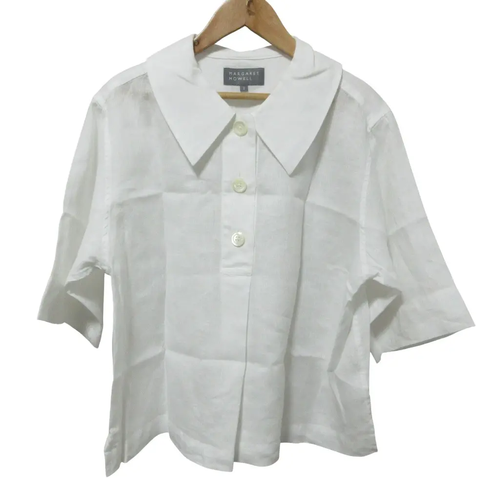 クリーニング済 24SS MARGARET HOWELL マーガレットハウエル ヨーロッパリネン ゴールドカラーシャツ ブラウス 2 ホワイト