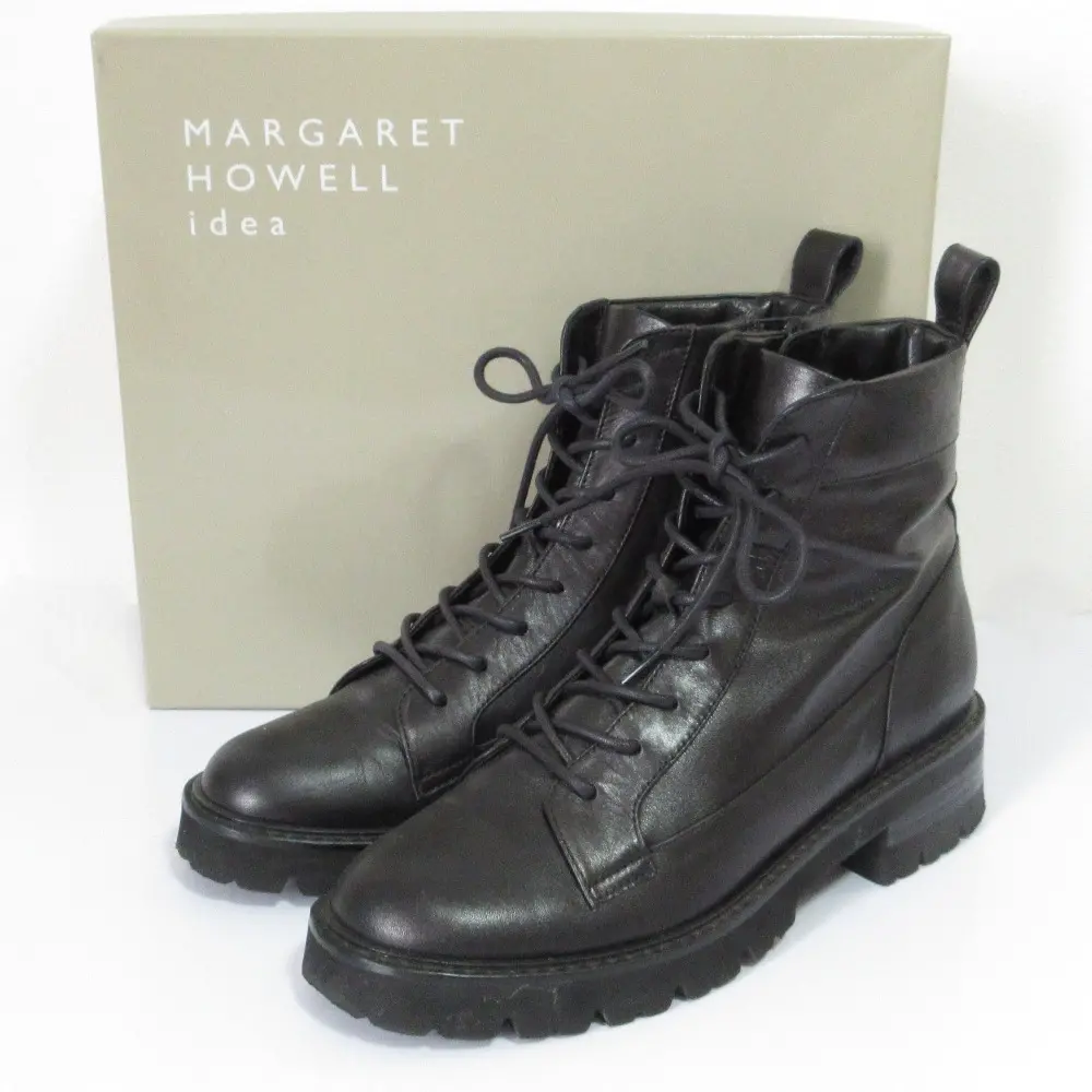 MARGARET HOWELL マーガレットハウエル idea サイドファスナー レザー ショート レースアップブーツ 23.5cm ブラック