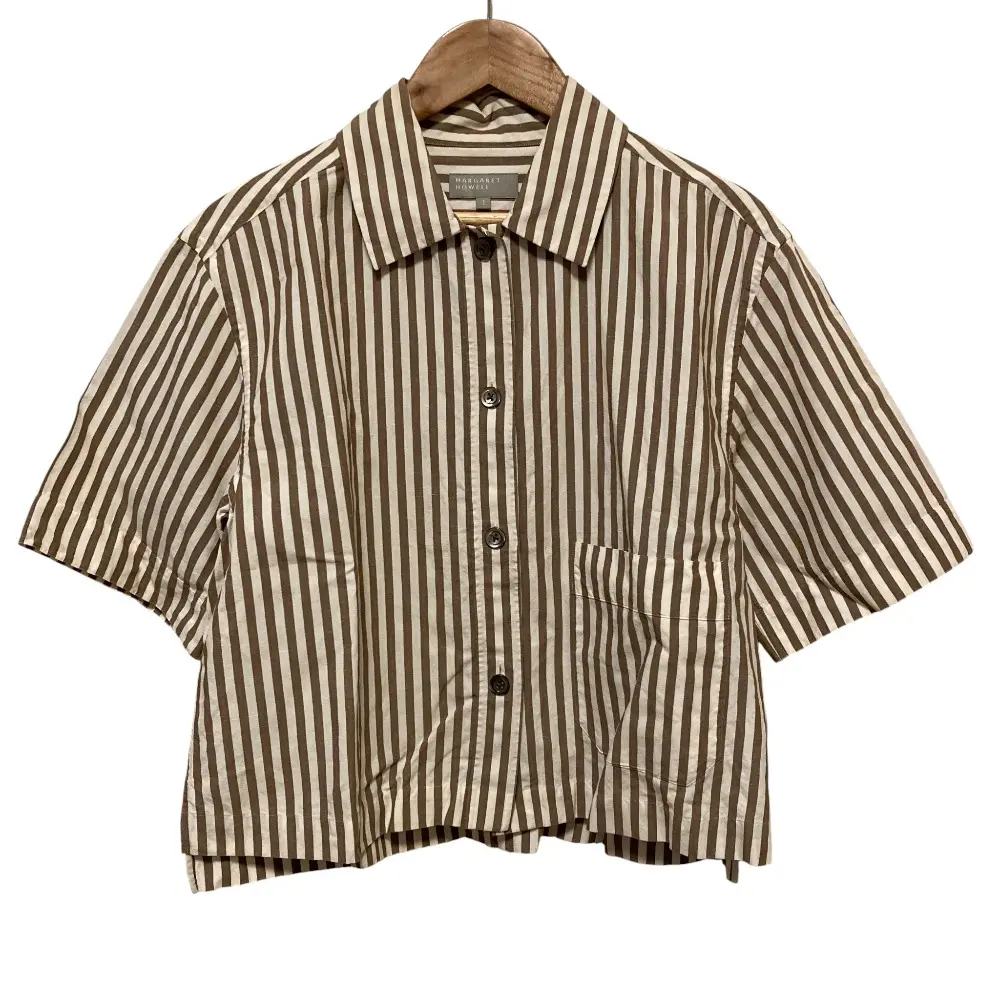 23SS MARGARET HOWELL マーガレットハウエル リネンブレンド ストライプ シャツ サイズ1 ベージュ×ホワイト