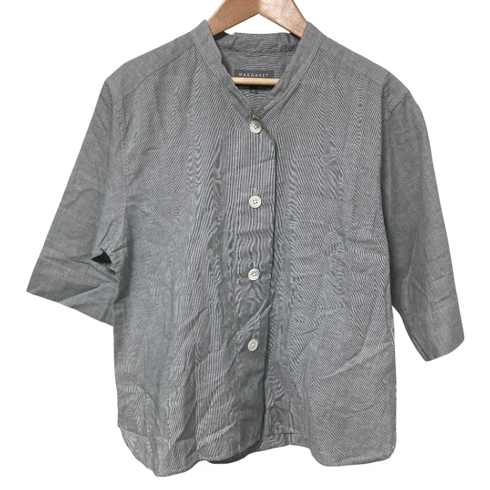 24SS MARGARET HOWELL マーガレットハウエル HAIRLINE STRIPE COTTON LINEN ショートスリーブブラウス サイズ2 グレー