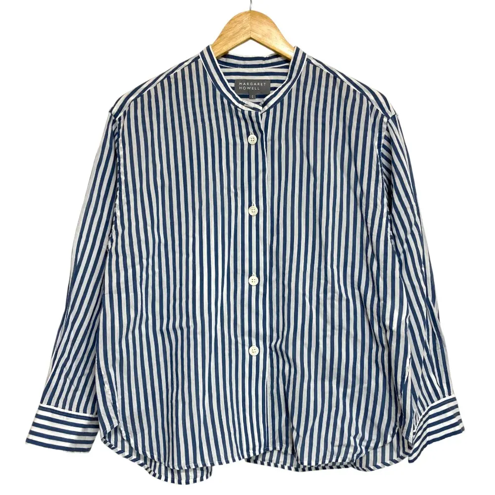 25SS MARGARET HOWELL マーガレットハウエル コットンシルク ストライプブラウス 578-5153008 サイズ1 ネイビー ホワイト