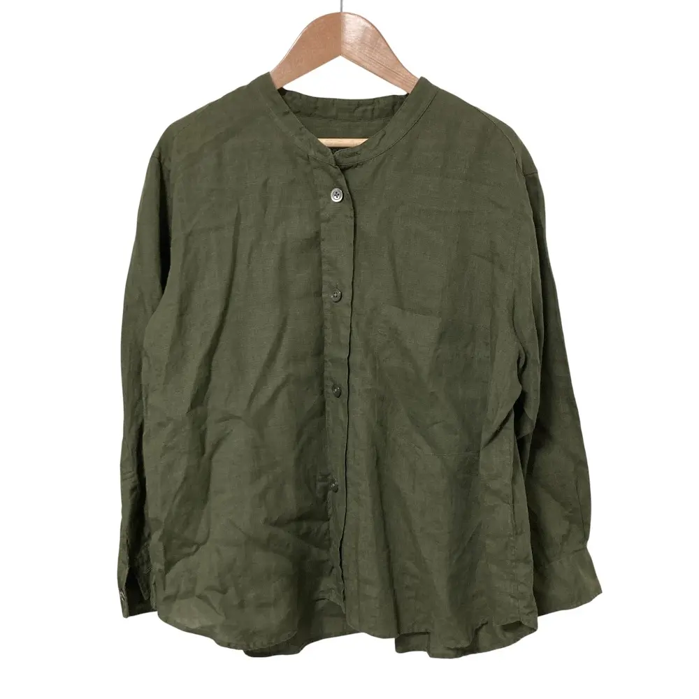 24SS MARGARET HOWELL マーガレットハウエル LINEN VOILE 長袖 カラーレス シャツ ブラウス 578-4153016 サイズ2 カーキ
