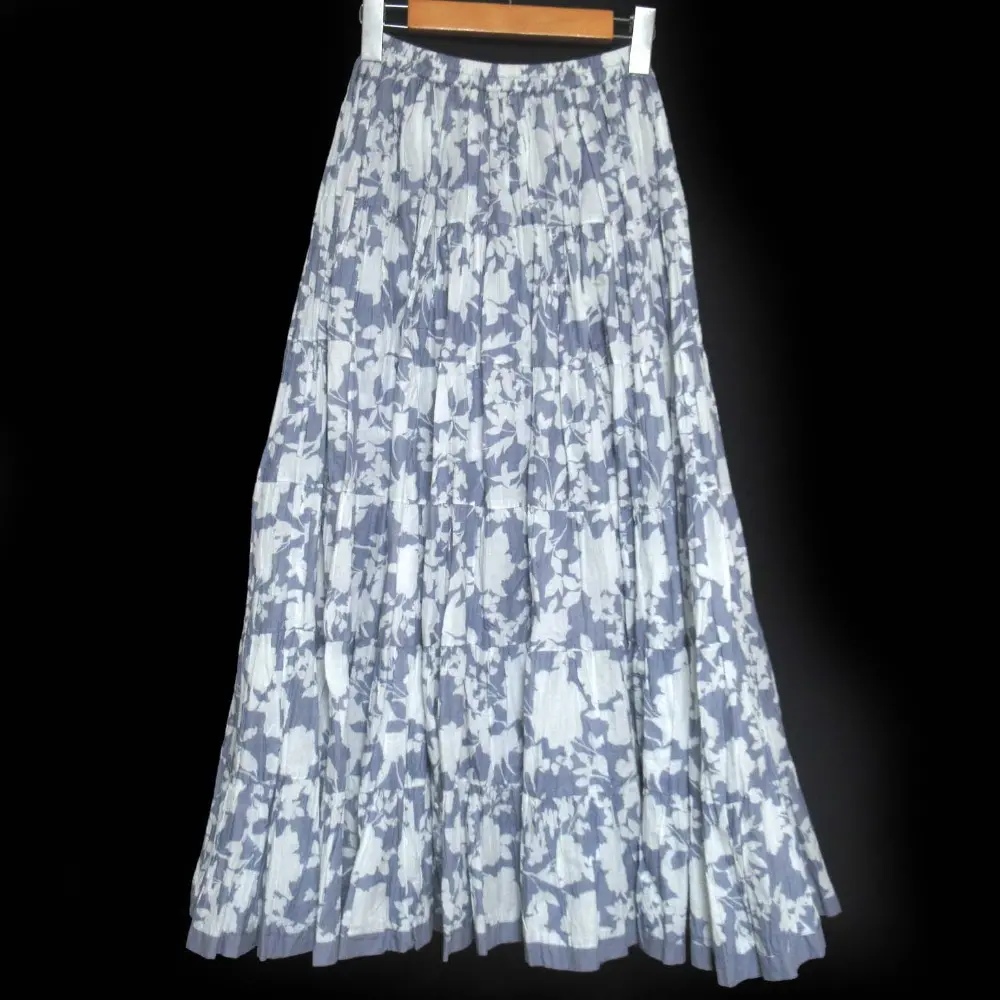MARIHA マリハ 草原の虹のスカート フラワー柄 ロング丈 イージーウエスト ティアードフレアスカート 36 ブルー×ホワイト