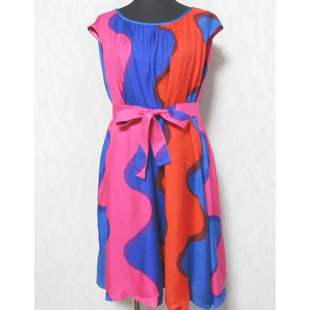 Marimekko マリメッコ LOKKI veneretki ロッキ レーヨンシルク ノースリーブ ベルテッド ミニワンピース S ピンク×ブルーの買取実績【2024年9月買取】