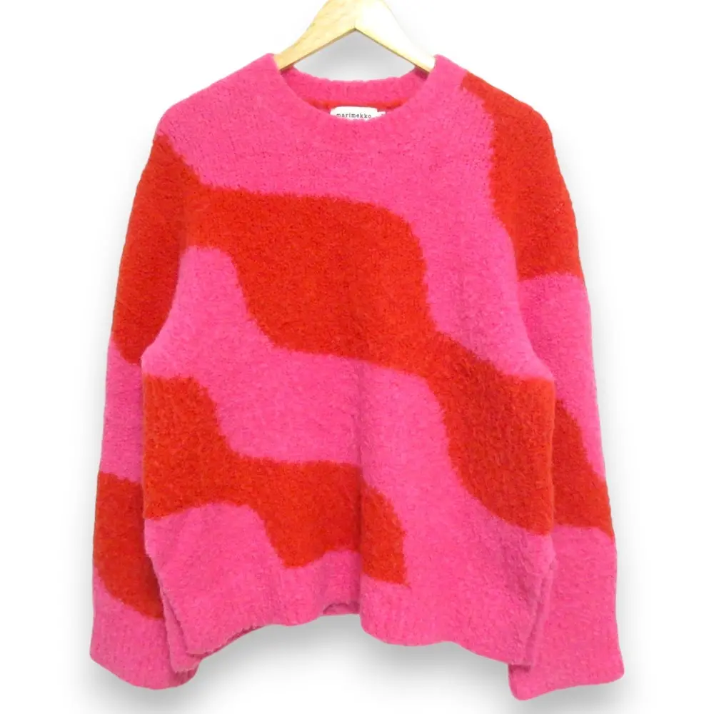 Marimekko マリメッコ Taifuuni Lntuitio Knitted wool pullover ウール混 長袖 プルオーバー ニット セーター M ピンク×レッド