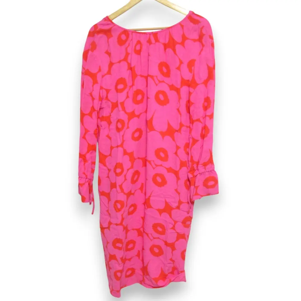 23AW Marimekko マリメッコ Majolika Unikko ウニッコ 総柄 長袖 ミモレ丈ドレス ワンピース 40 ピンク×オレンジ