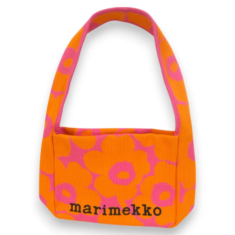 Marimekko マリメッコ ウニッコ ロゴ刺繍 ニット ワンショルダーバッグ オレンジ×ピンク