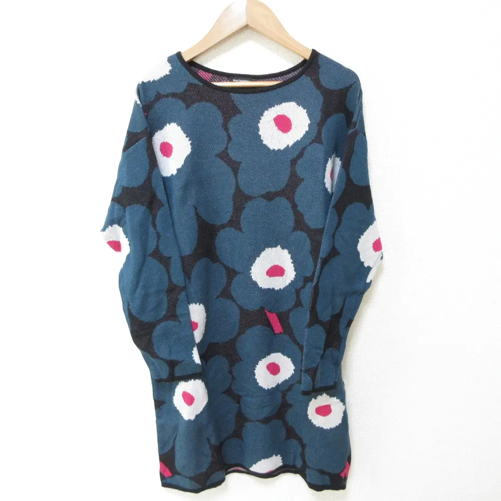marimekko マリメッコ Unikko ウニッコ柄 ロングスリーブ ニット チュニック ワンピース S ブラック×ネイビー系の買取実績【2024年12月買取】