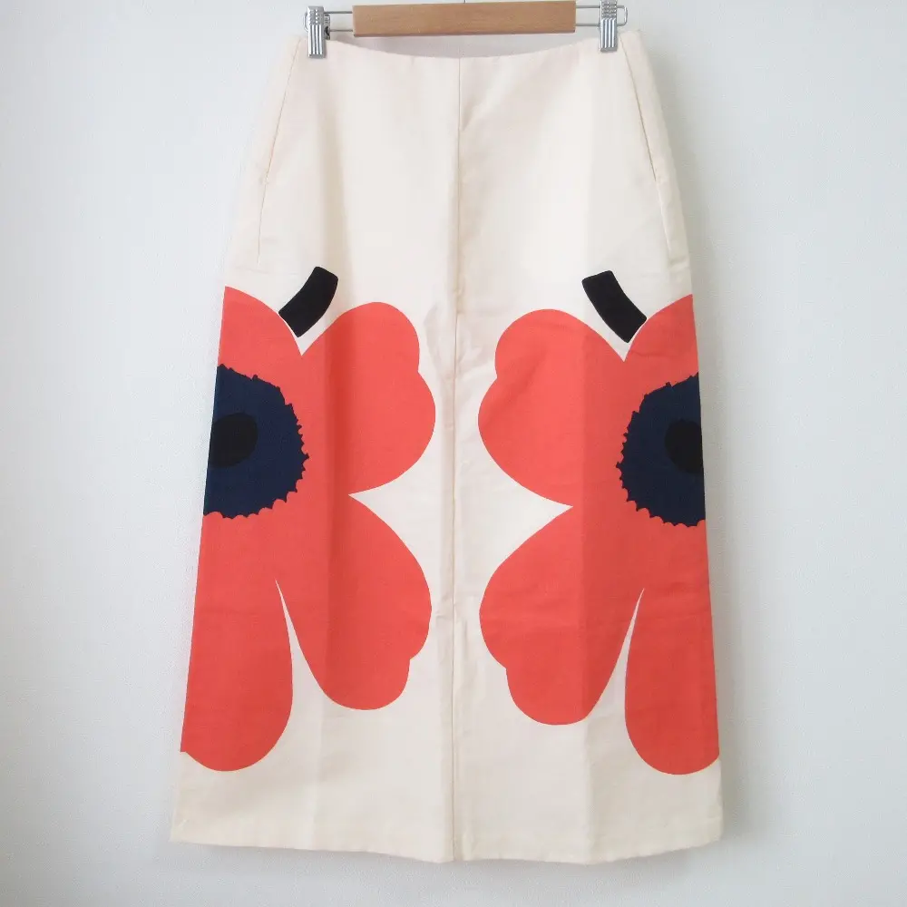 24SS marimekko マリメッコ KAKSI HEIJASTUS ウニッコ柄 コットン×リネン ロングスカート 38 ベビーピンク オレンジ