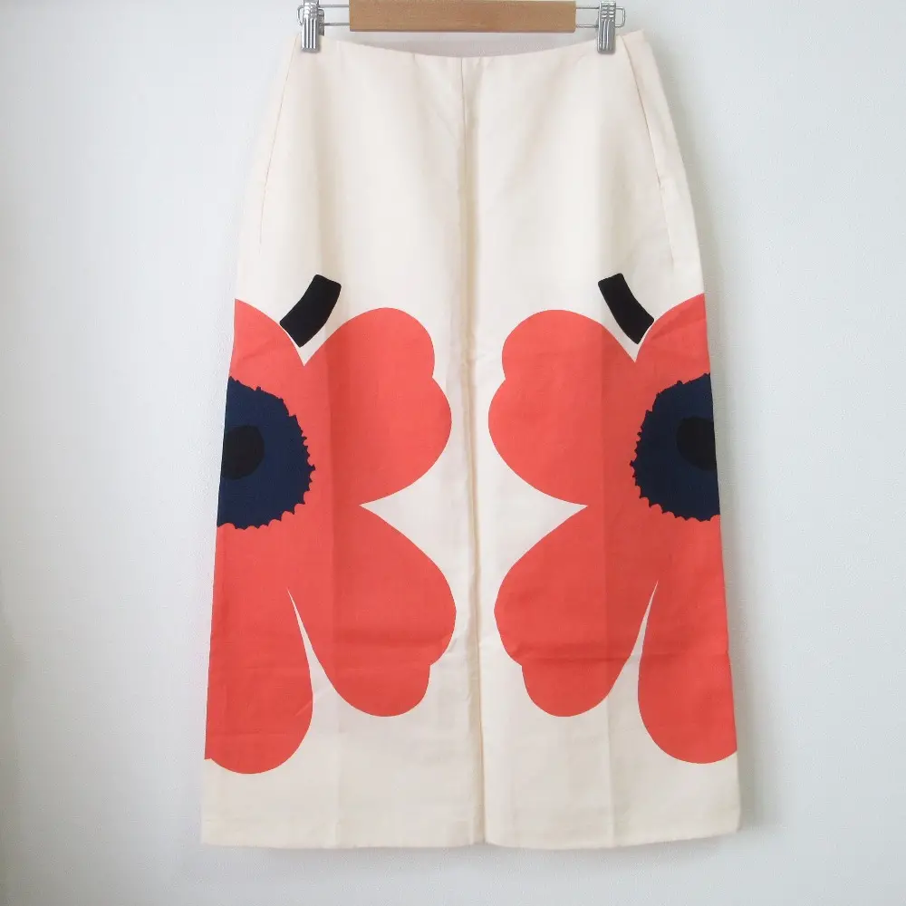 24SS marimekko マリメッコ KAKSI HEIJASTUS ウニッコ柄 コットン×リネン ロングスカート 38 ベビーピンク オレンジ