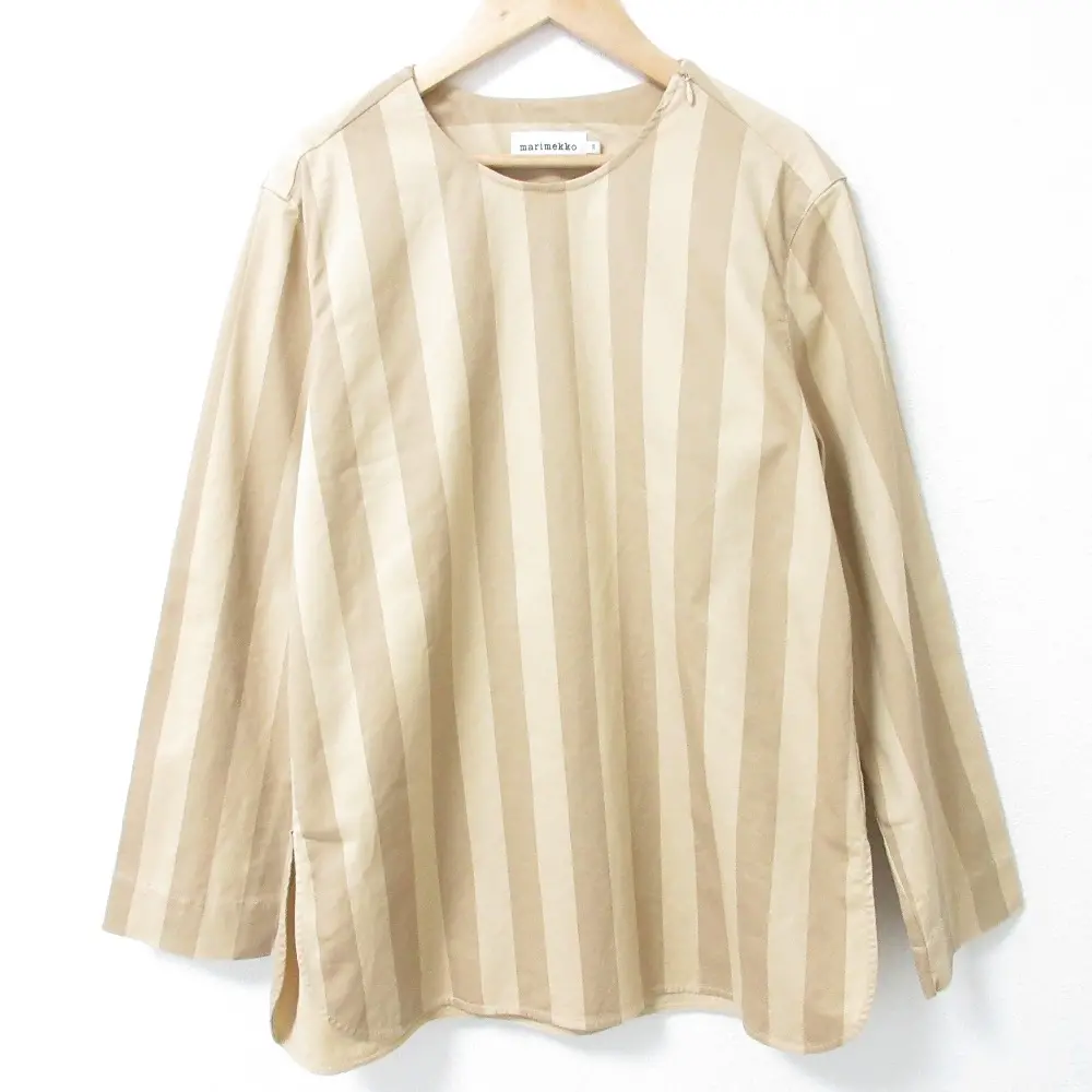 marimekko マリメッコ Linja ストライプ ストレッチ ロングスリーブ ブラウス サイズ38 ベージュ