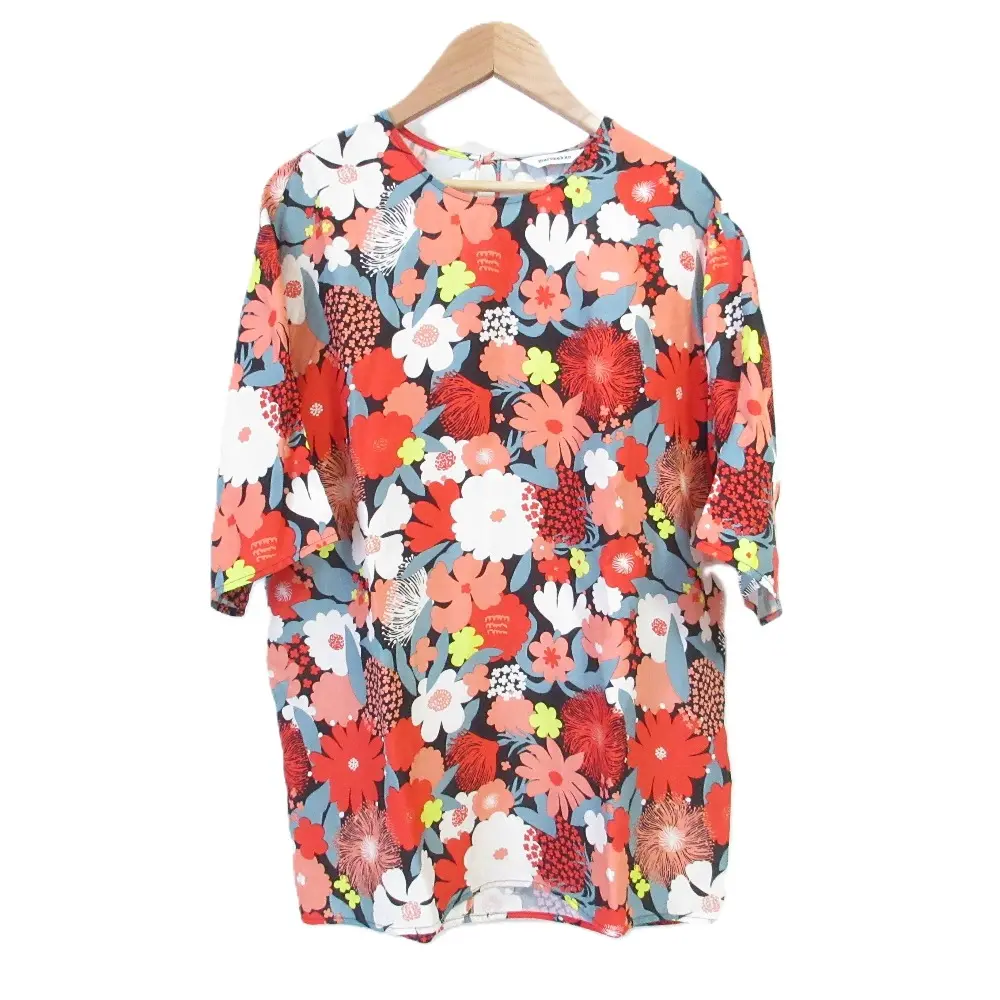 23AW marimekko マリメッコ ANTIIKKI SUVIKIMPPU フラワー柄 バックリボン 半袖 ブラウス サイズ36 レッド