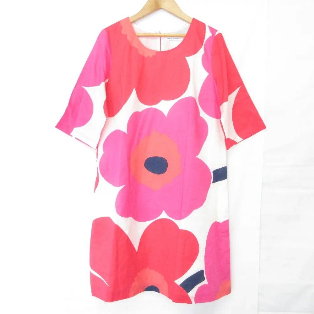 marimekko マリメッコ Unikko ウニッコ ハーフスリーブ ひざ丈 ワンピース 34 ホワイト×ピンク