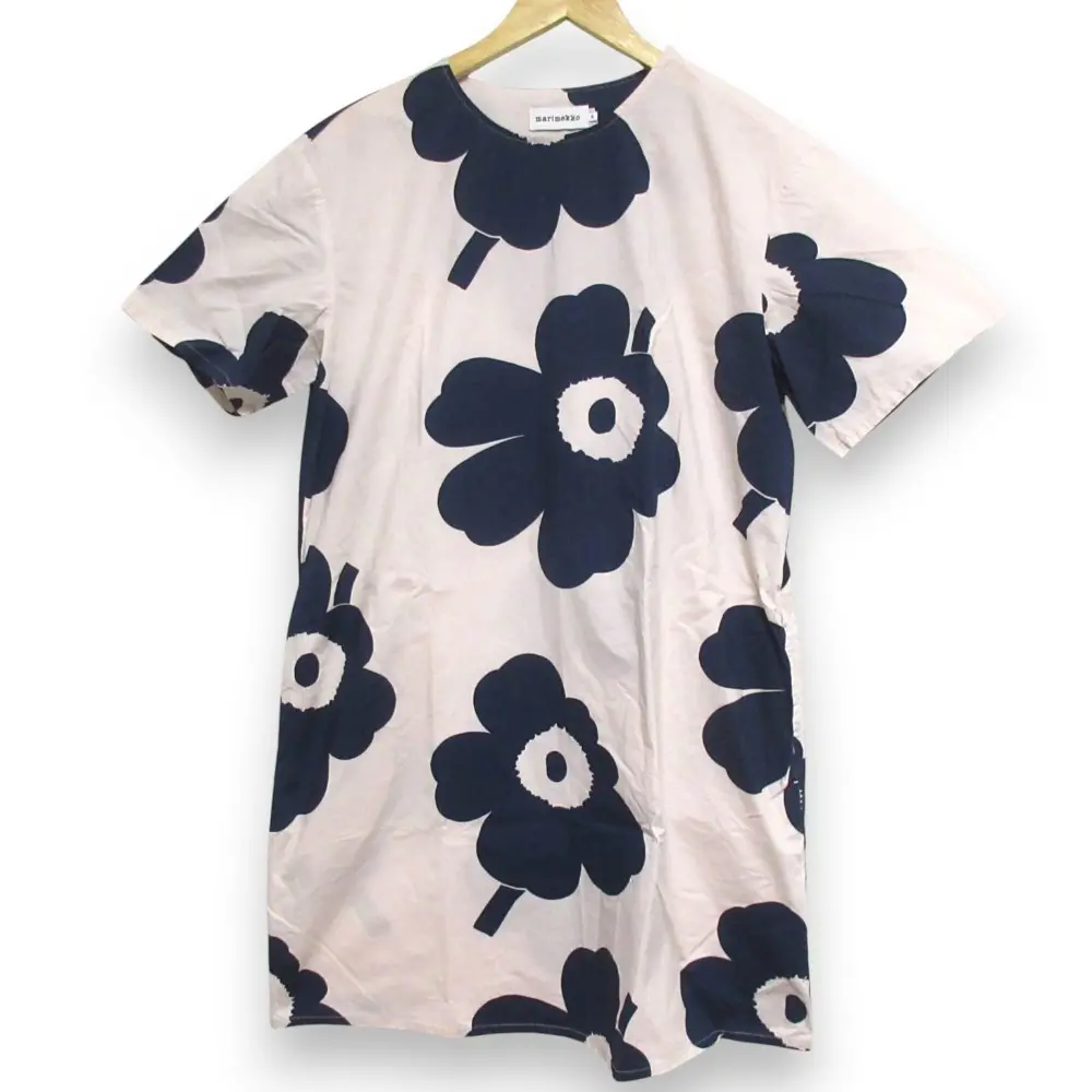Marimekko マリメッコ ウニッコ フレアミモレ丈ワンピース ベージュ サイズ38 ネイビー ベージュ