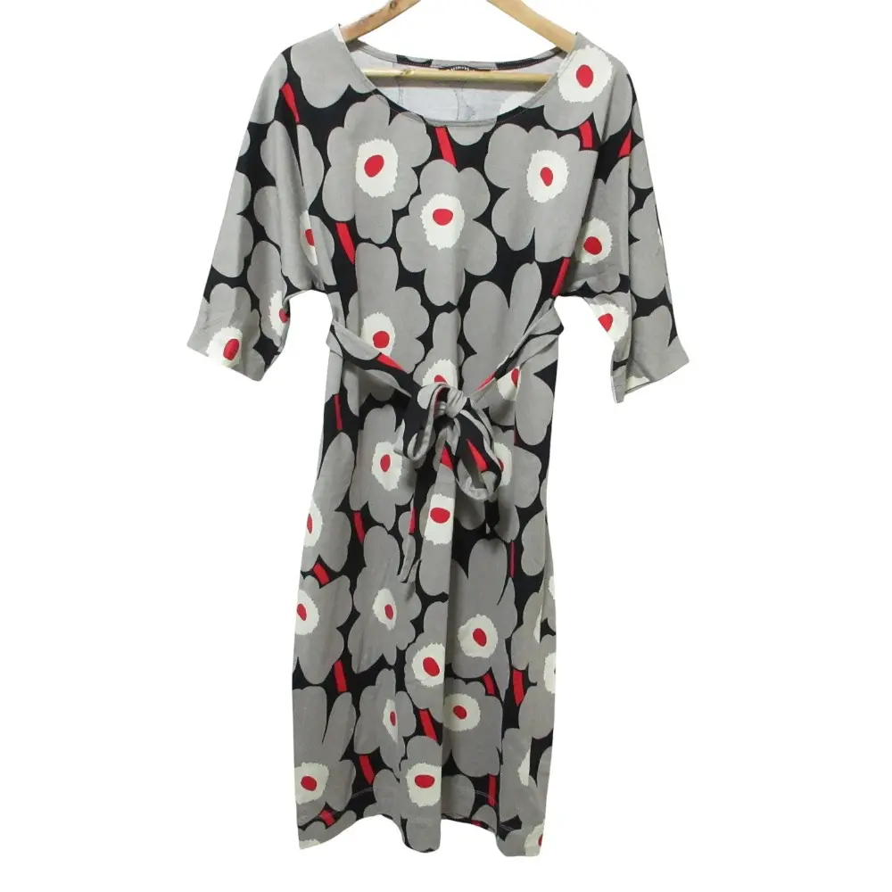 Marimekko マリメッコ ウニッコ 半袖 膝丈 ベルテッド カットソー ワンピース S グレー