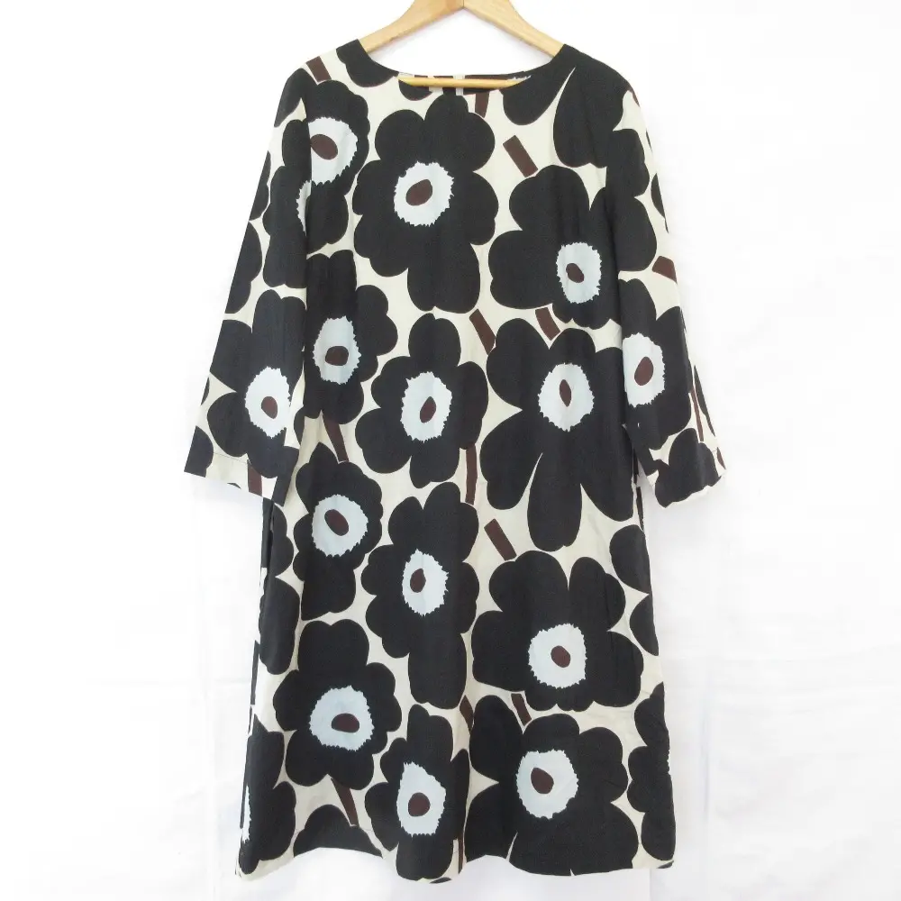 marimekko マリメッコ ウニッコ ロングスリーブ ワンピース 42 ブラック ベージュ