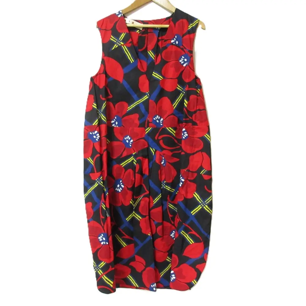 MARNI マルニ 花柄 リボン Vネック ノースリーブ ワンピース サイズ40 レッド系マルチカラー