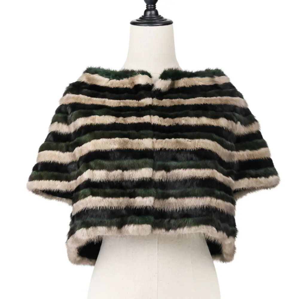 MARNI マルニ ミンクファー ボーダー ポンチョ ケープジャケット 38 ブラック ベージュ グリーン