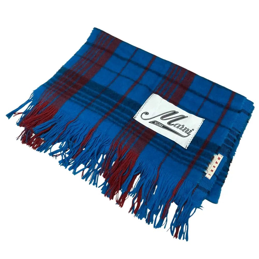 MARNI マルニ チェック柄 フリンジ マフラー ブルー