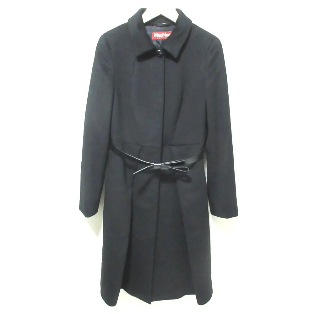 MaxMara STUDIO マックスマーラ ウール ウエストマーク ベルテッド ステンカラーコート 38 ブラック