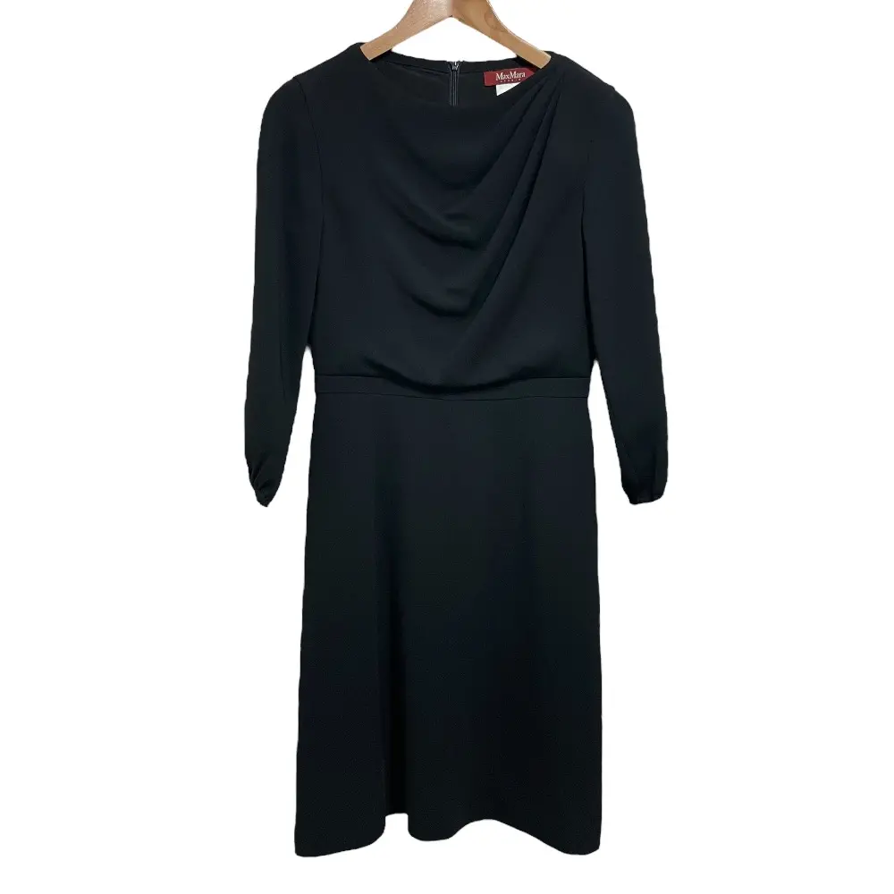 クリーニング済み Max Mara STUDIO マックスマーラステュディオ 長袖 ひざ丈 ドレープ ワンピース ドレス 42 ブラック