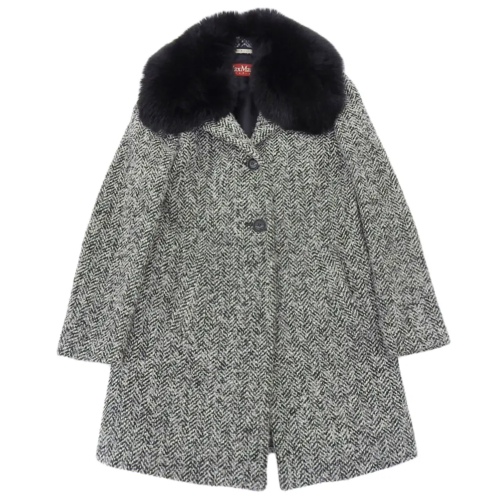 Max Mara Studio マックスマーラステュディオ フォックスファーカラー ヘリンボーン ウール コート 38 グレー