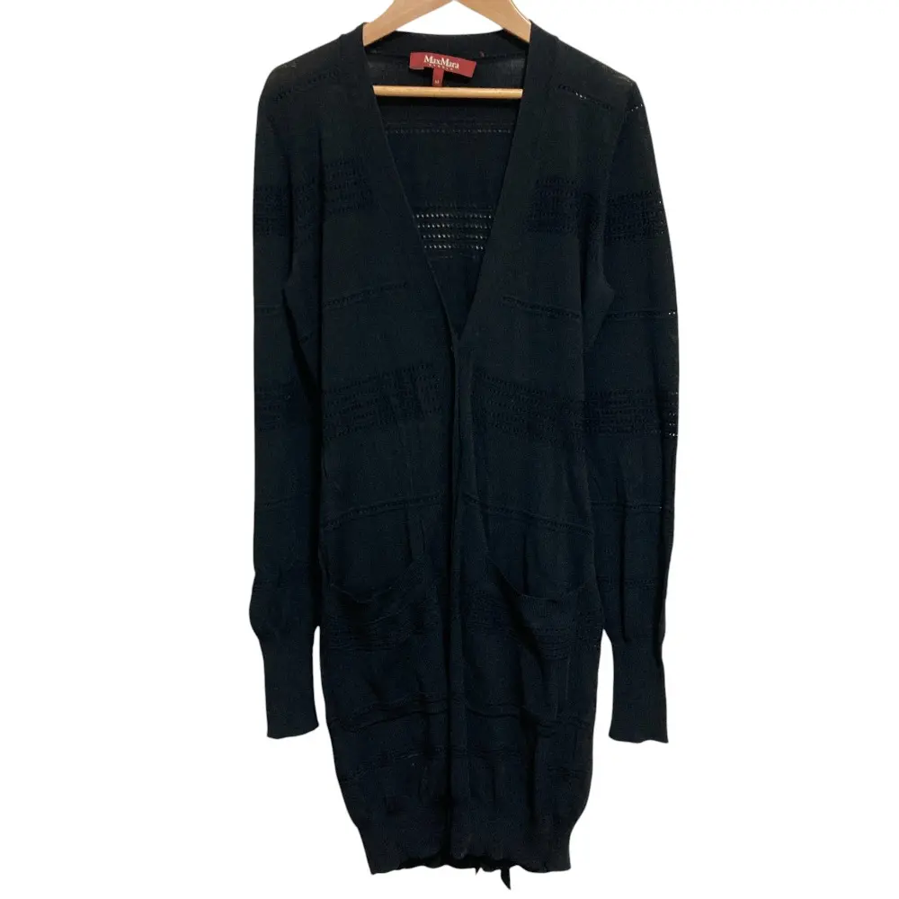 Max Mara STUDIO マックスマーラステュディオ 透かしボーダー Vネック ロングニットカーディガン M ブラック